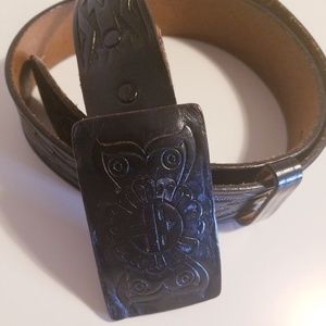 Vintage Tooled Black leather Belt
